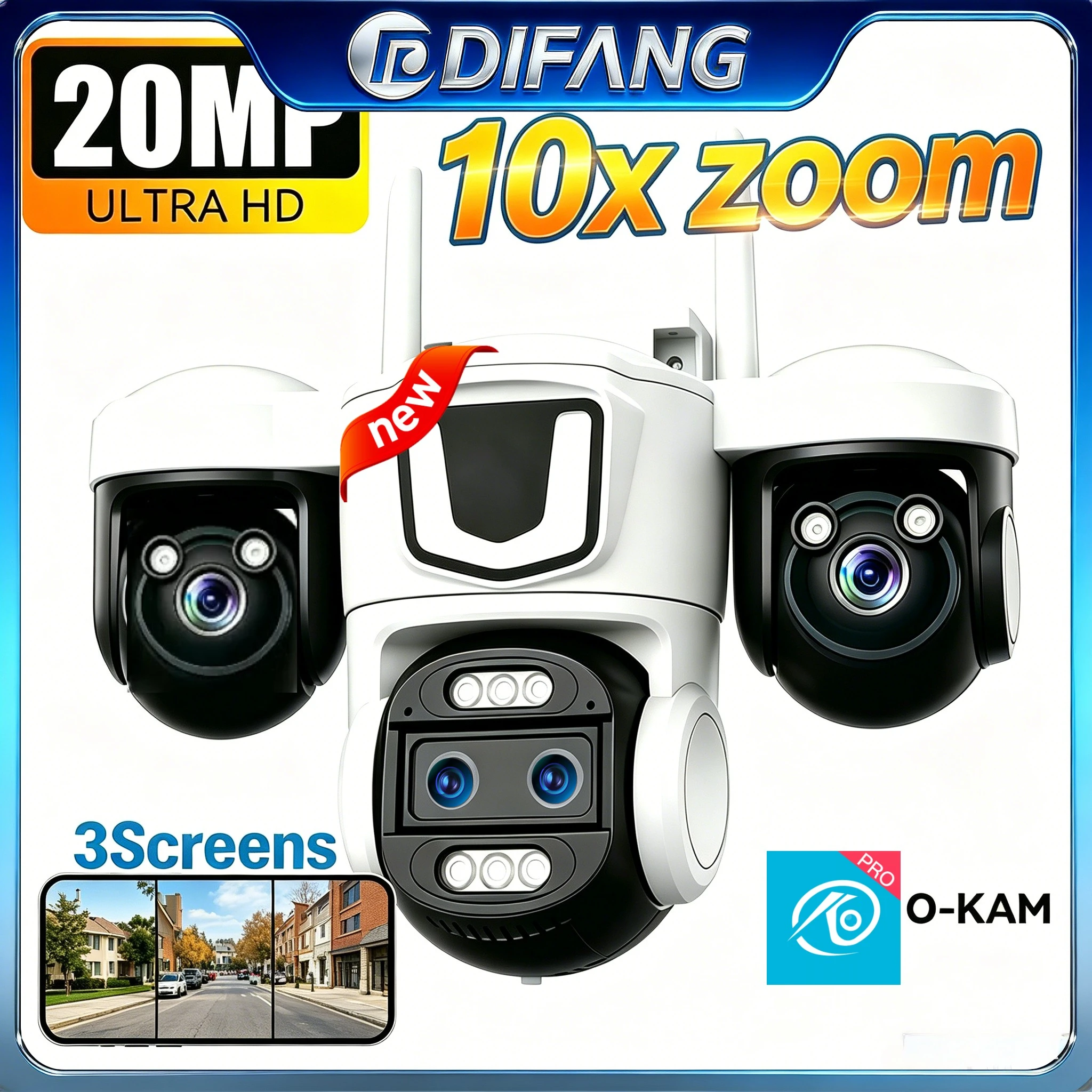 

New 20MP WiFi Cam Four Lens Three Screen Security CCTV 10X Zoom 360° PTZ Ai Tracking Surveillance IP Cam Outdoor O-Kam Pro
