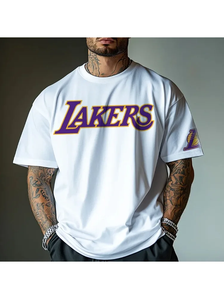 Los Angeles Lakers T-shirt van puur katoen, trendy, stijlvol streetwear heren fitness spierwit casual T-shirt - afbeelding 2