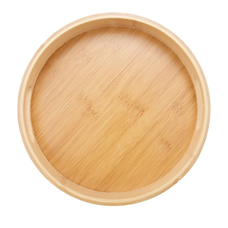 ●Round Serving Bamboo Wooden Tray for Dinner Trays Tea Bar Breakfast Food Container Handle Storage Tray 1