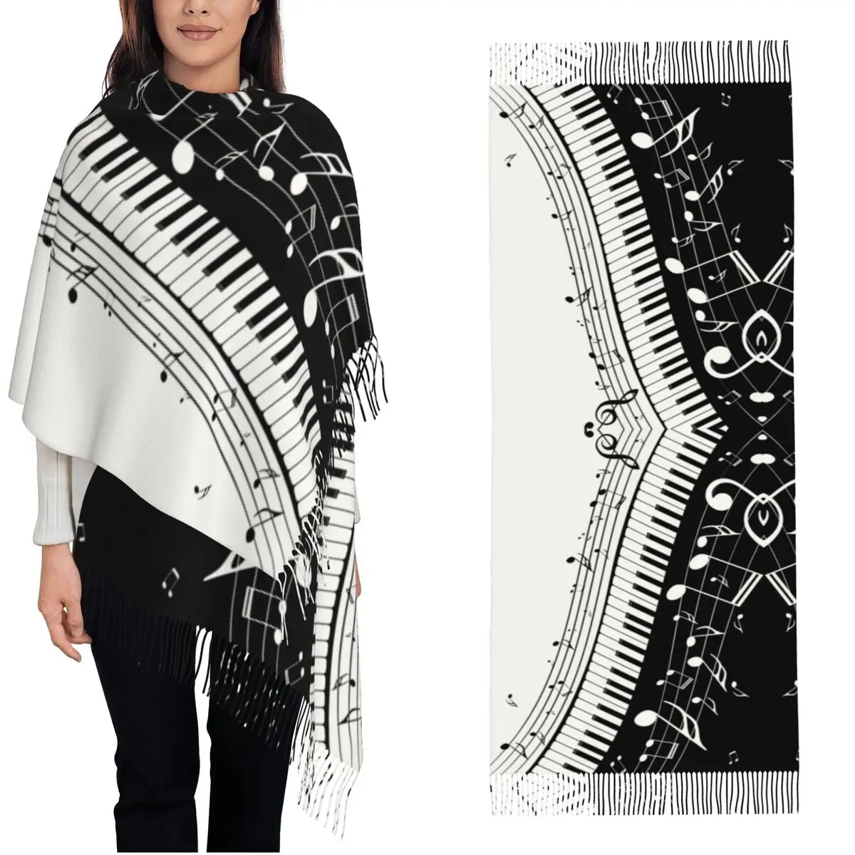 

Женский шарф с кисточками, клавиатура для фортепиано, волнистые музыкальные ноты, большая зимне-осенняя шаль, подарки, кашемировый шарф