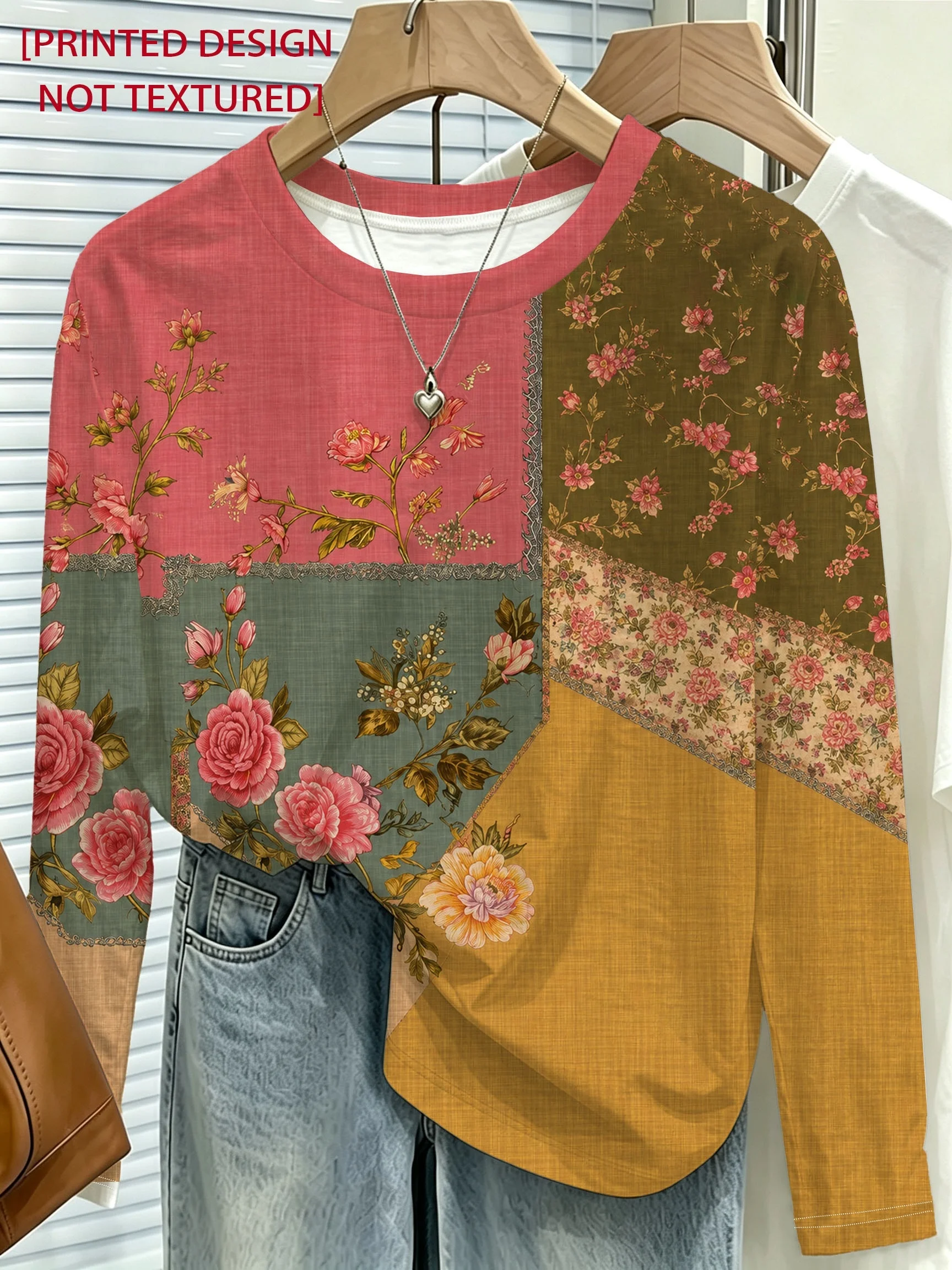 Women Long Sleeve Top Color Block Vintage Floral Print Round Neck Soft Casual Daily Slim Tops Women's Clothes
