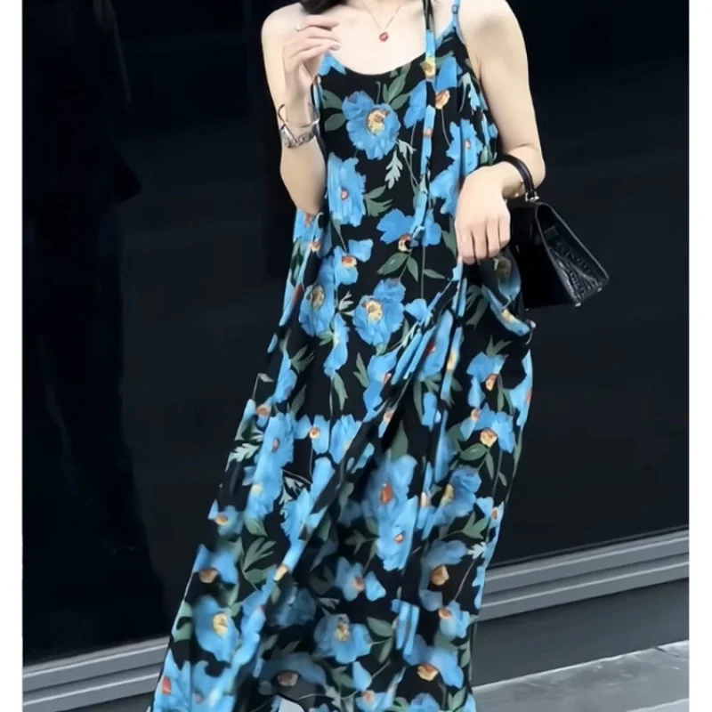 

Новое длинное платье во французском стиле для отдыха на море, с высококачественной текстурой, синим цветочным узором, без рукавов, на бретелях, для женщин.