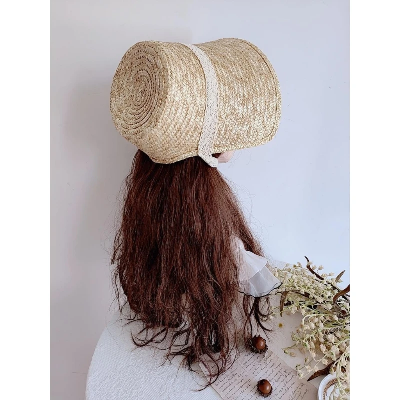 LolitaStyle Straw Hat for Women Girls French Party Hat Lace Patchwork Bonnet Handwoven Sun Hat Summer Headgear