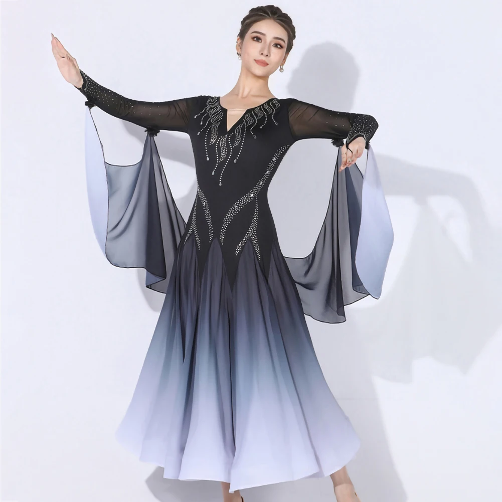 Spettacolo di costumi di scena Danza moderna da donna sfumata Nuovo abito da ballo standard Concorso a maniche lunghe Elegante nastro valzer