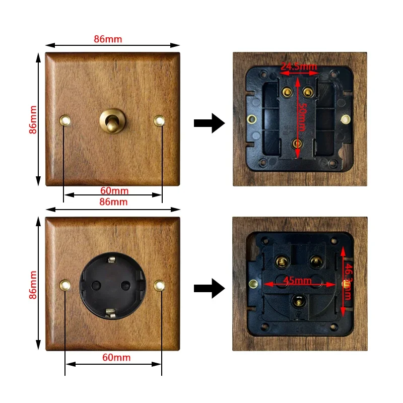 High Quality Retro Europe Type Vintage Wall Light Switch Socket, Solid Wood Brass Toggle Switch Plate, Antique Home Stay Switch