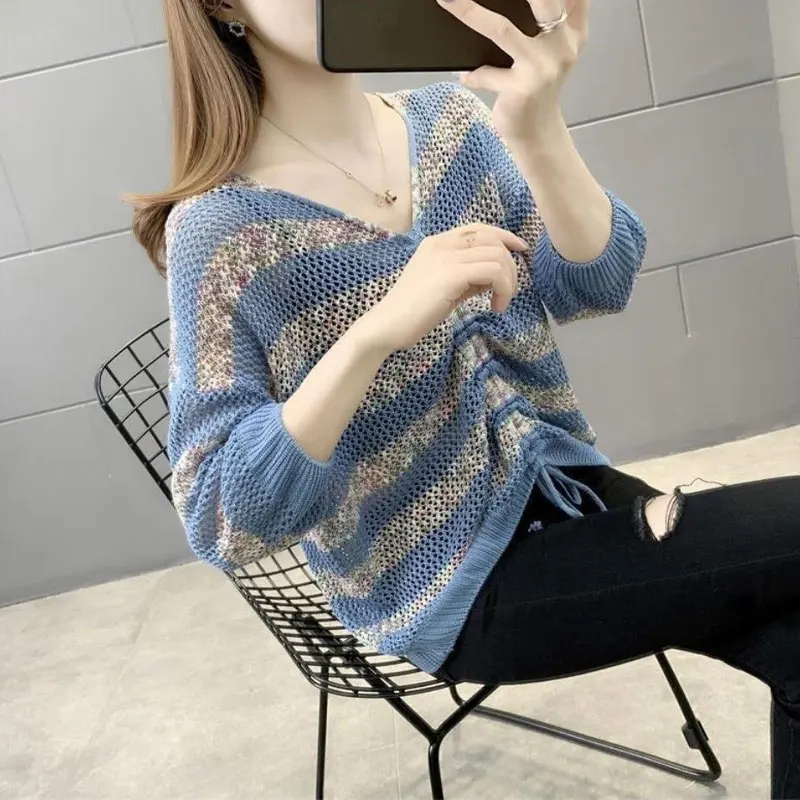 Fashion Striped Hollow Out Knitted T-shirt Spring Summer Thin Elegant V-Neck Female Casual Loose Shirring Drawstring Pullovers