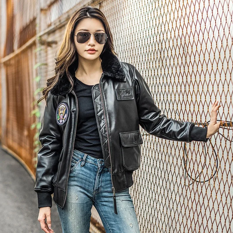 2024 New Women Genuine Leather Sheepskin G1 Air Force Pilot Jacket 5 picec Velcro Insignia Jacket Wool Collar CLIP Cotton Coats