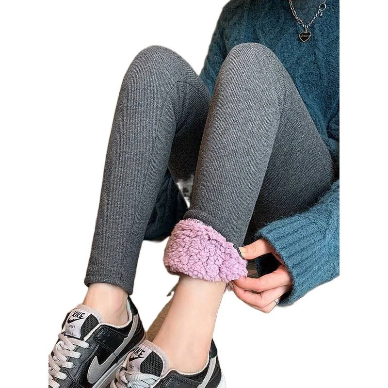 Women Leggings Winter High Waisted Outer Wear Thin Nine-Point Pants Elastic Large Size Tight Striped Thermal Long Lohns Leggings
