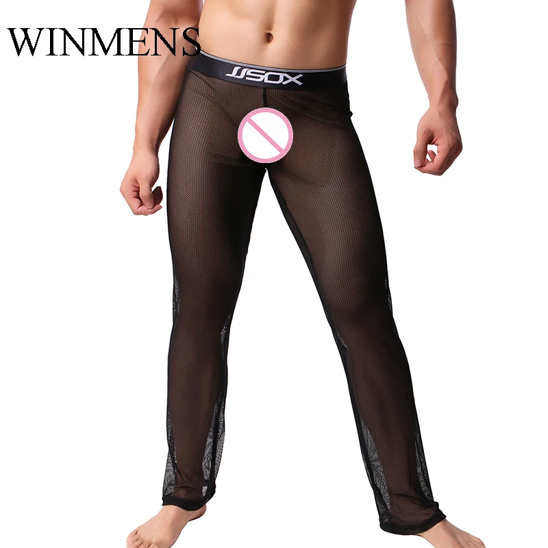 Adult Men\'s Pajama Pants Black See Through Mesh Gay Erotic Full-length Sleeping Trousers Sheer Fishnet Sissy Nightwear