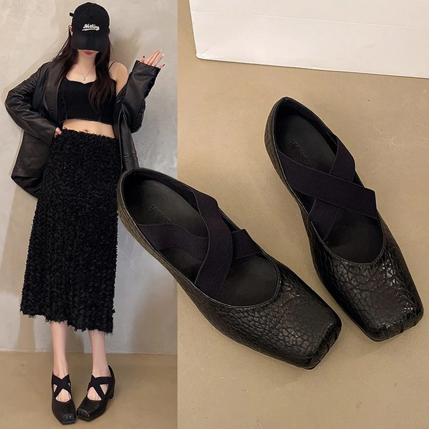 

Women's genuine leather elastic band cross strap slip-on ballet flats leisures soft comfortable square toe ballerinas shoes sale