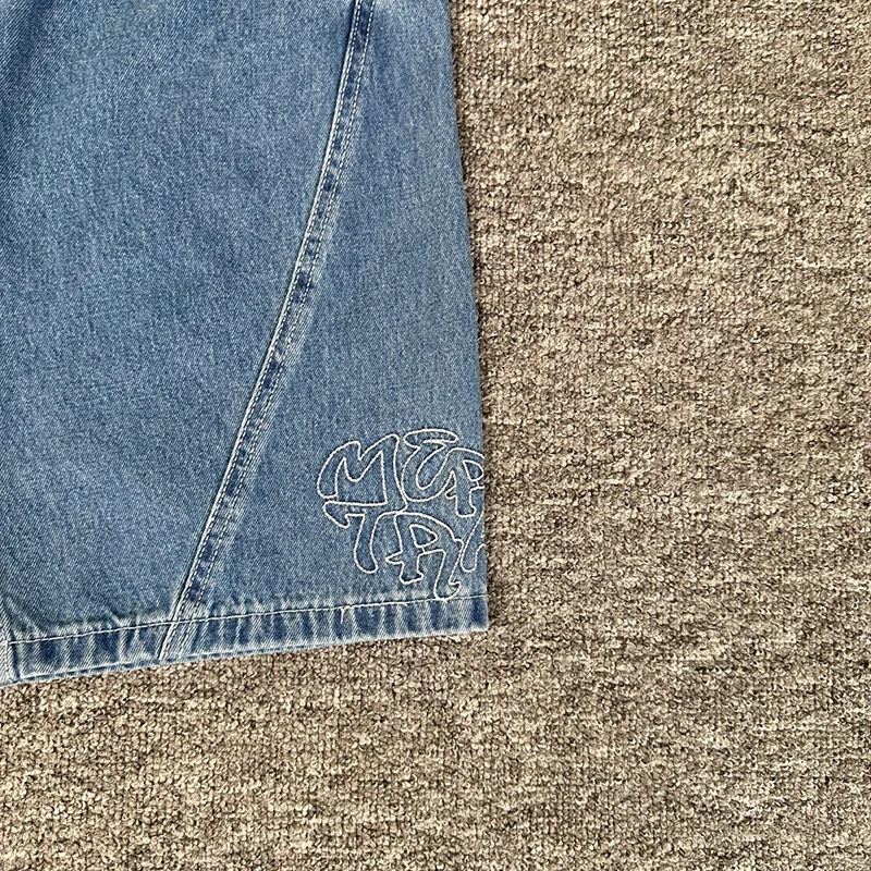 Celana Jeans Pendek Kasual Pria Wanita Model Patchwork Splicing Biru Kualitas Terbaik Bordir Logo Mertra Denim Dengan Label