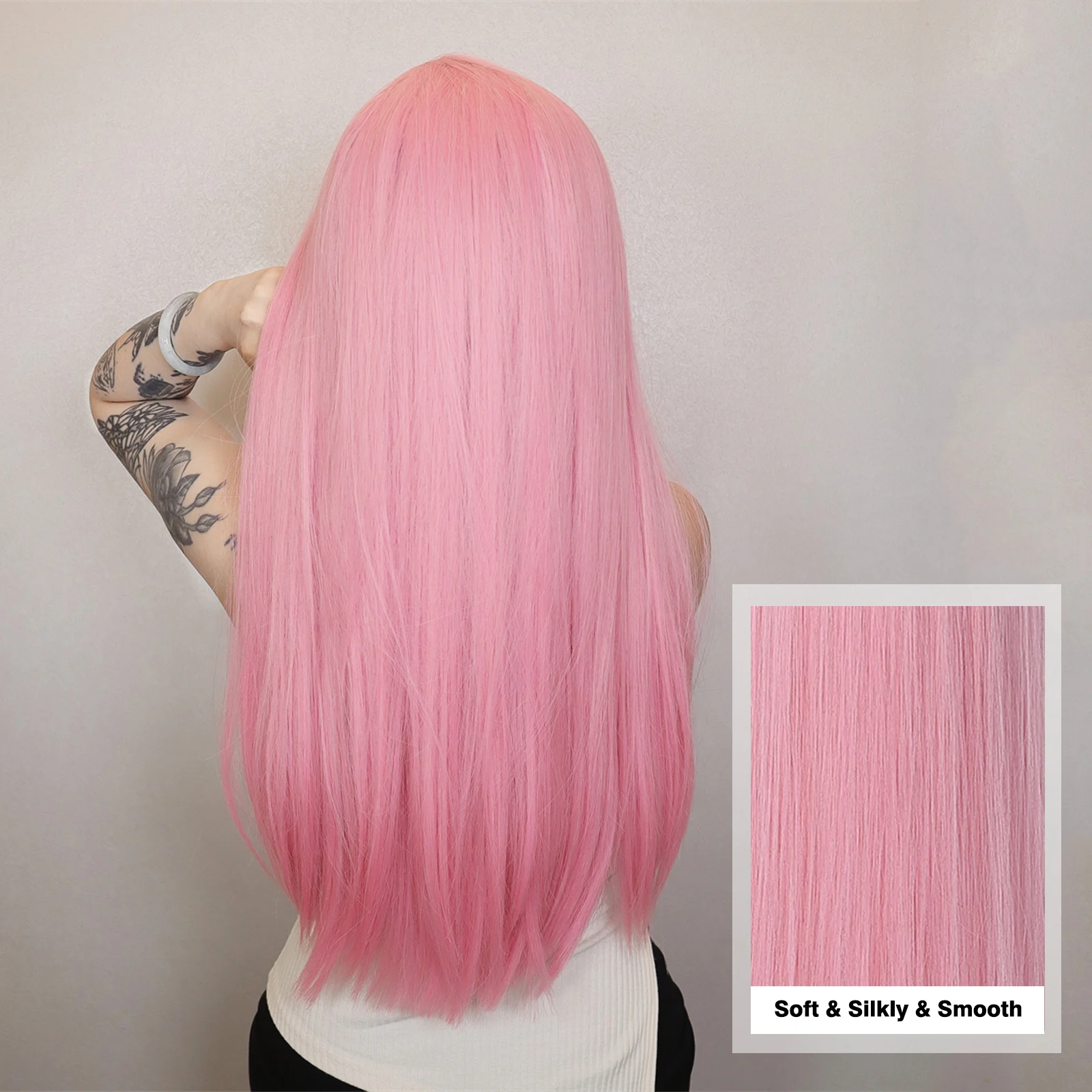 Perruque Synthétique Longue Lisse Rose avec Frange pour Femme, Cosplay, Cheveux Naturels, Lolita, Degré de Chaleur, ix, 03/Faux Cheveux