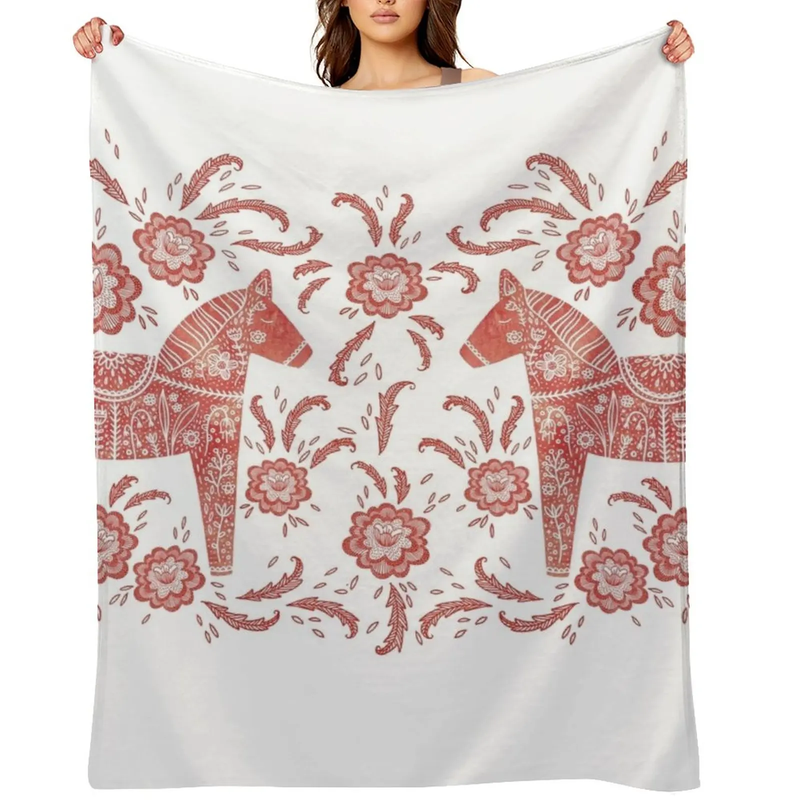 

Swedish Dala Horse Folk Art Throw Blanket Soft Luxury Designer Large Moving Blankets