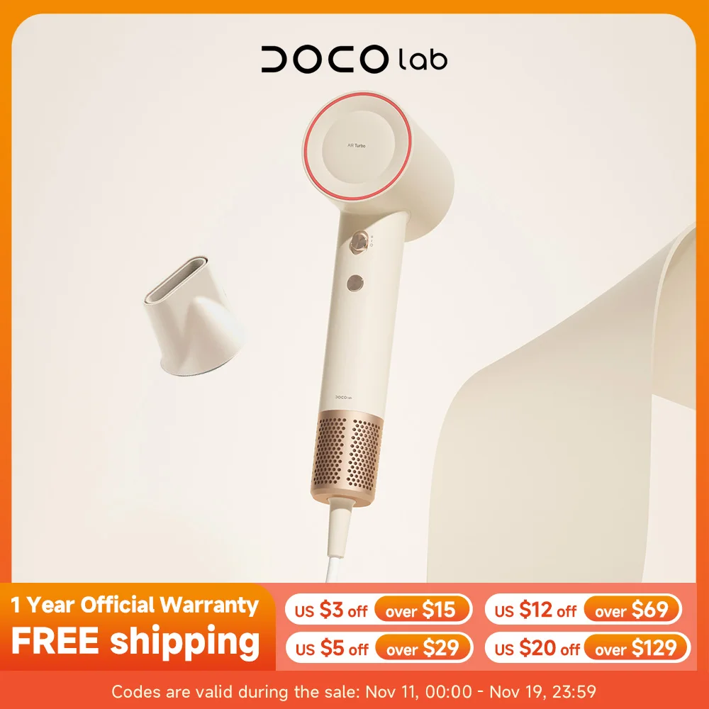 

Фен DOCO, высокоскоростной, 75 м/с, 200 миллионов отрицательных ионов, уход за волосами, 110000 об/мин, профессиональный легкий подарок для дома и путешествий