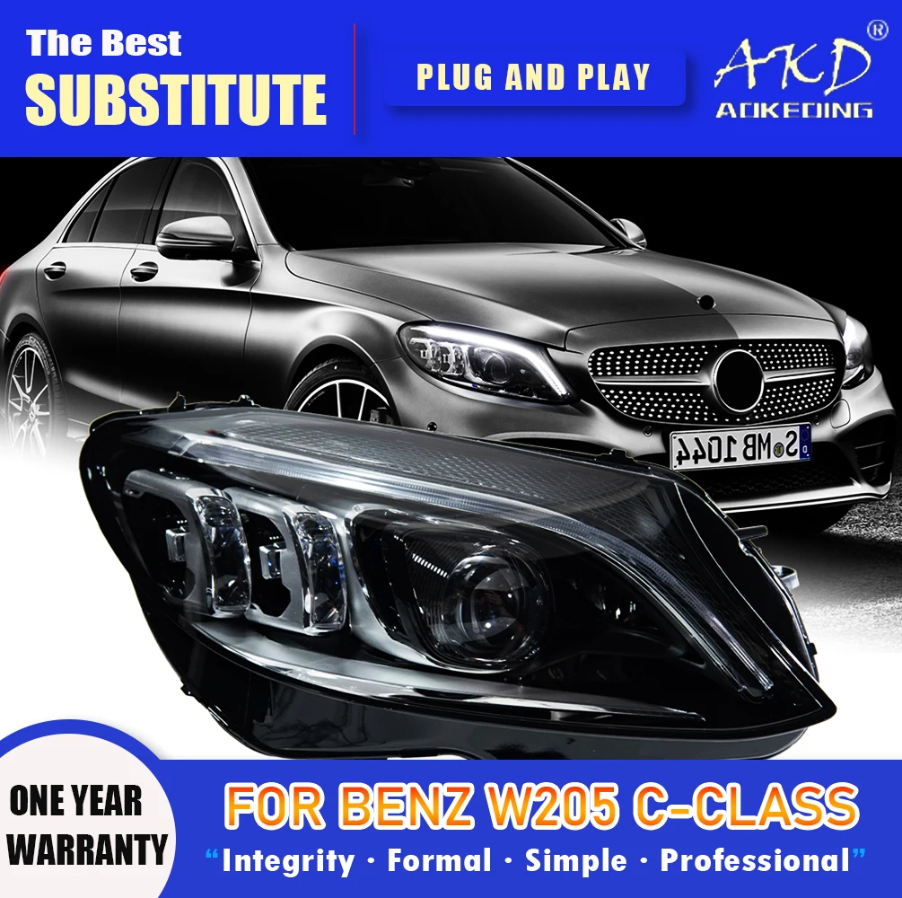 

Фара AKD для Benz W205 светодиодный, фары 2014-2020, фары C200, C260, C300 DRL, сигнал поворота, дальний свет, объектив проектора Angel Eye