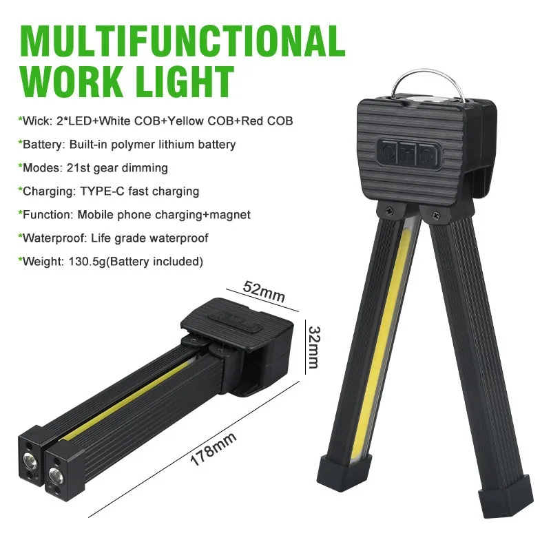 Lampada da lavoro pieghevole a LED COB Lampada da campeggio magnetica impermeabile Luminosa 3 colori USB C ricaricabile per riparazioni di emergenza all'aperto