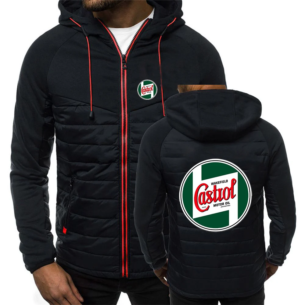 

Castrol Vintage Sign 2024 Men's Autumn Winter Patchwork Seven-color Cotton-padded Jacket Keep Warm Hooded Coats Print Clothes