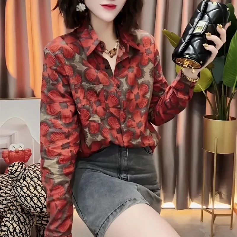 Camisa con estampado callejero para mujer, camisa adelgazante de manga larga con solapa, informal, edición coreana, temporada de primavera y otoño,