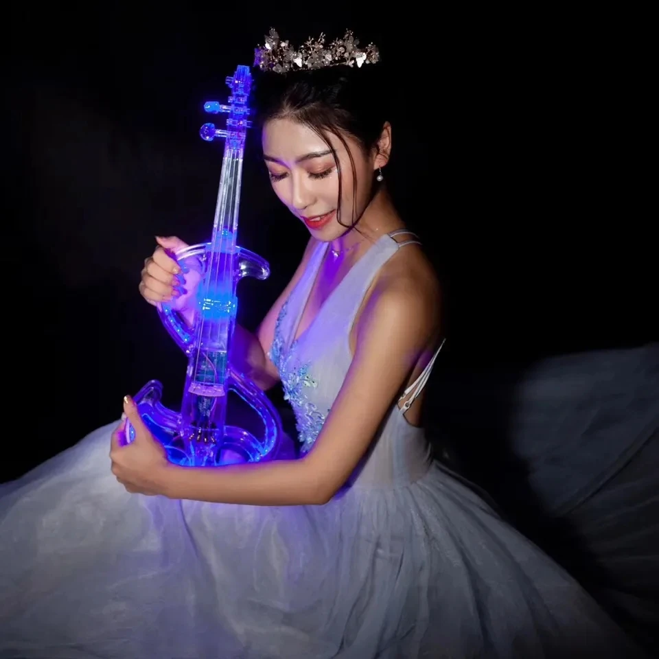 Transparent crystal electronic violin 4/4 with colorful LED lights real sound Bluetooth audio system stage performance violin