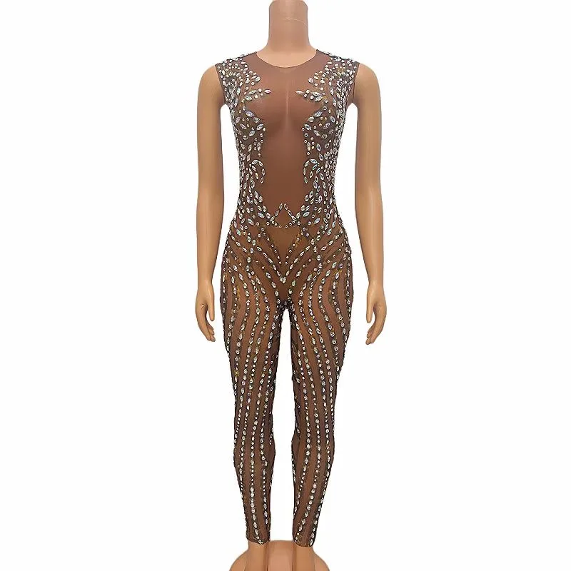 

Sexy Brown Mesh Transparent Jumpsuit Skinny_eggings Dance Wear Bodvsuit OuterwearStones Hollow Jumpsuit Outfit Performance C069