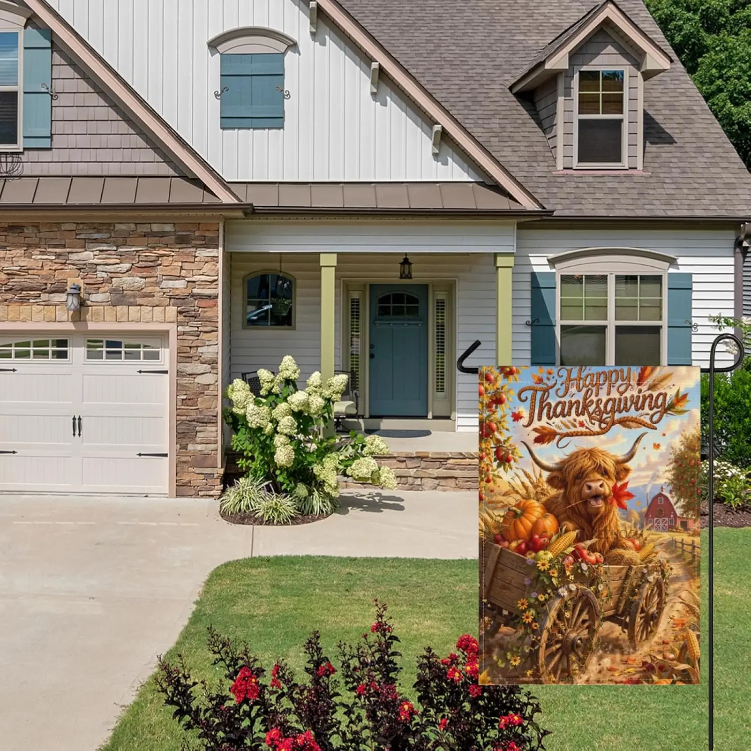 Thanksgiving Garden Flag 28x40Inch,Fall Harvest Fun Highland Cow Yard Decor,Cute Animal Autumn Farm Truck Pumpkins Apples Co IIC