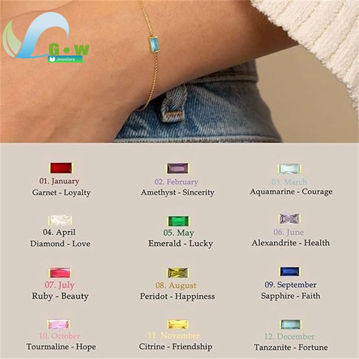 Birthstone Plated Gold Bracelets for Women Non Tarnish Trendy Dainty Stack Stackable Blue Green May Emerald Jewelry Gifts Mom