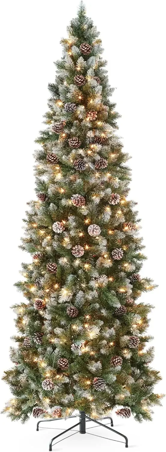 7.5ft Pre-lit Pencil Christmas Tree, Partially Flocked & Frosted Slim Holiday Tree Decoration, Skinny Xmas