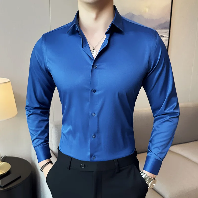 Camicia da uomo 6XL Formale a maniche lunghe Moda di alta qualità Lusso antirughe non stirabile tinta unita business casual seta ghiacciata