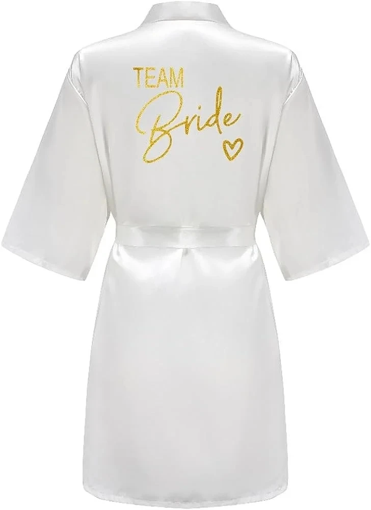 Wedding Party Team Bride Robe Kimono Satin Pajamas Bridesmaid Bathrobe Gold Letter SP089