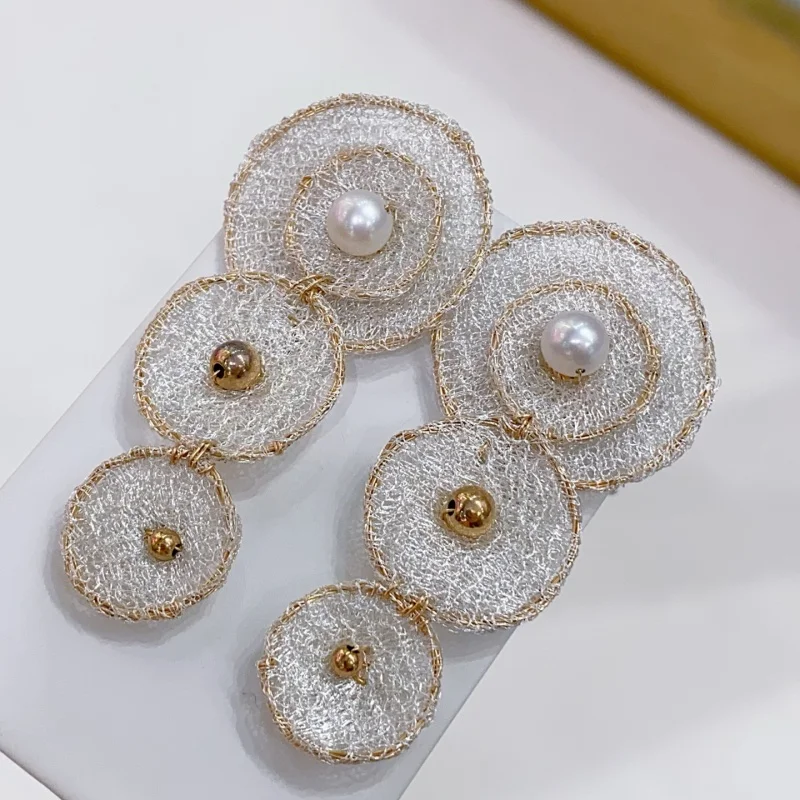 

SGARIT Multi-Layer Circle Pendant 14k Filled Gold 7-8mm Natural Freshwater White Pearl Earring Trendy Women's Jewelry