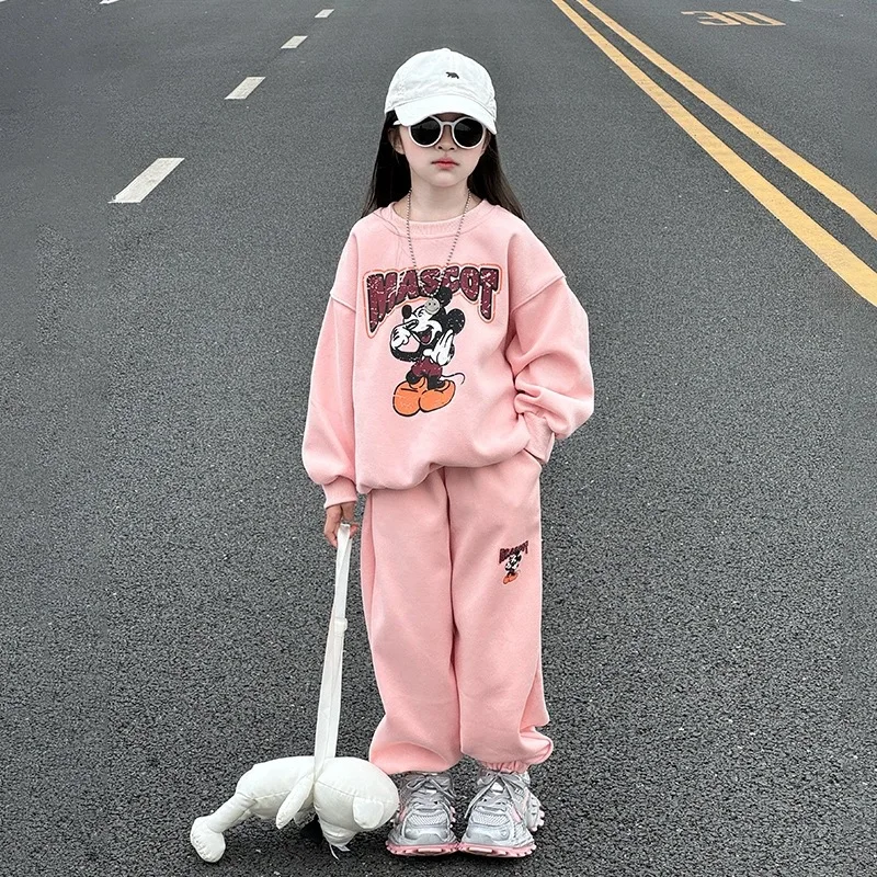 

Детская толстовка с капюшоном Disney, комплект из 2 предметов, корейская повседневная модная свободная весенняя толстовка с круглым вырезом и принтом Микки, комплекты спортивных штанов