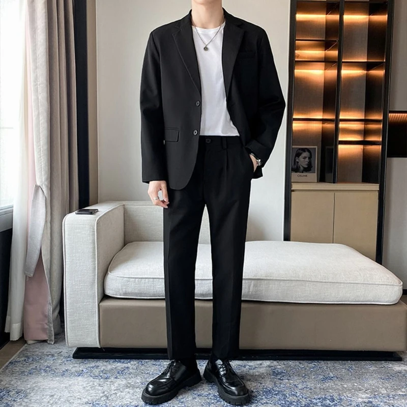 Men's Slim Fit Business Casual Suit Set Lightweight Korean Style Formal Wear for Job Interview