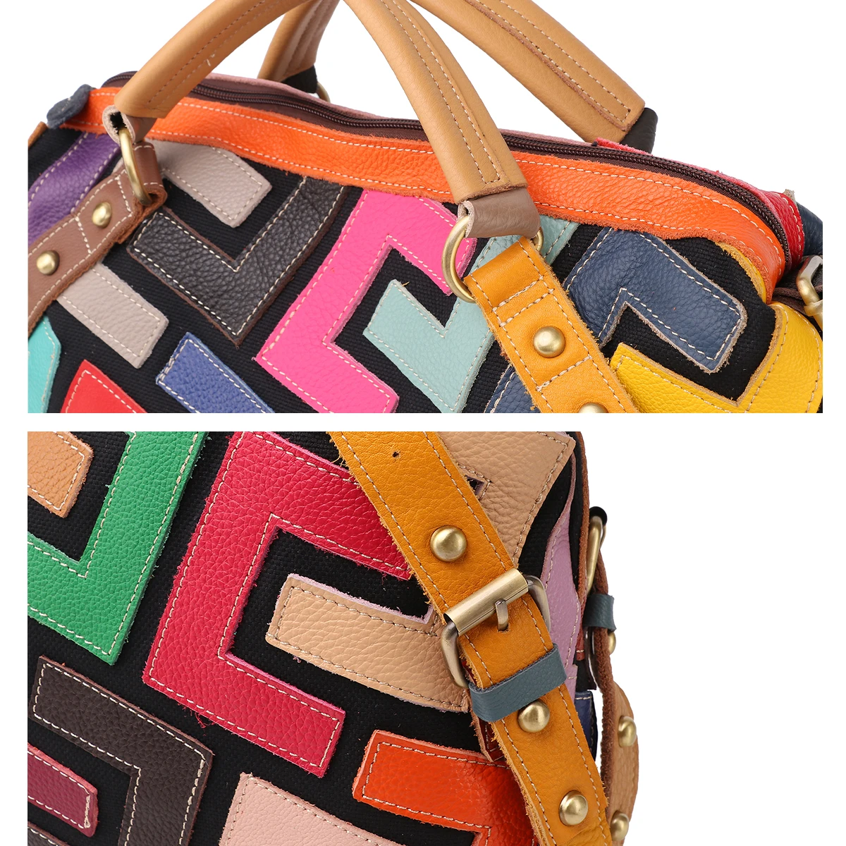 Leather geometric pattern multi-color color patchwork bag riveted handbag shoulder crossbody bag for women