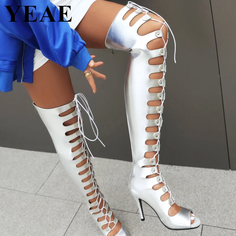 Sexy Black High Heel Thigh High Boots Woman Fashion Lace Up Gladiator Sandals Boots Cross-tied Cutouts Over The Knee Boots Woman