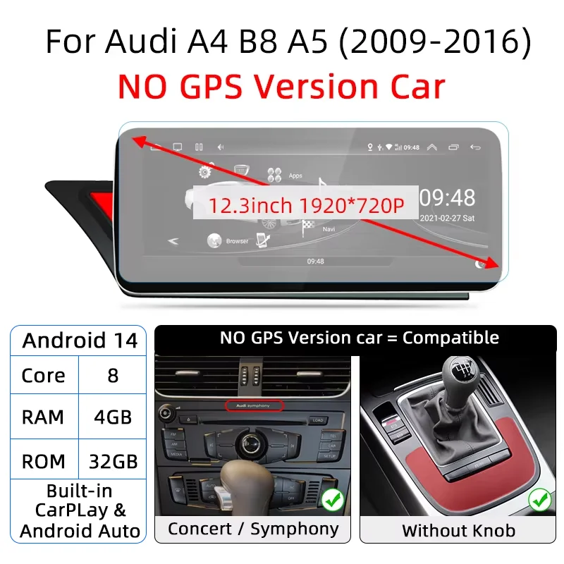 Android 14 Auto CarPlay Wireless Für Audi A4 B8 A5 8K 2008 ~ 2016 MMI Auto Multimedia Player GPS WiFi DSP