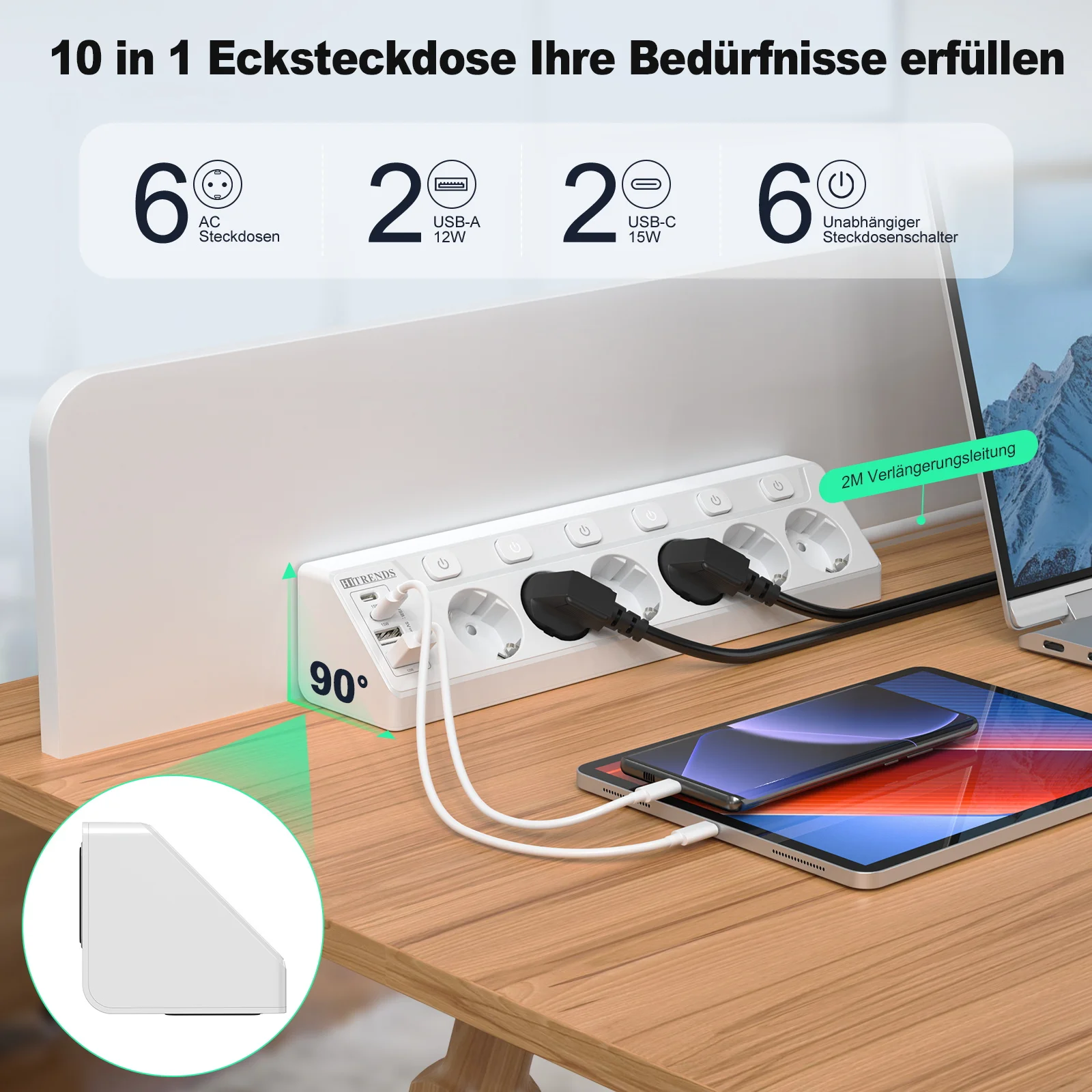 EU 6AC Outlet Corner Power Strip, 2USB 2Type-C Quick Charge Hub, 2M Long Cable Surge Protector for Desk Home Use