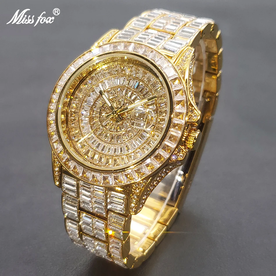 MISSFOX Hip Hop Men's Watches Luxury Baguette Ice Out Wristwatch Fully Diaomond Wear Feeling With A Mollion Dollars In Your Hand