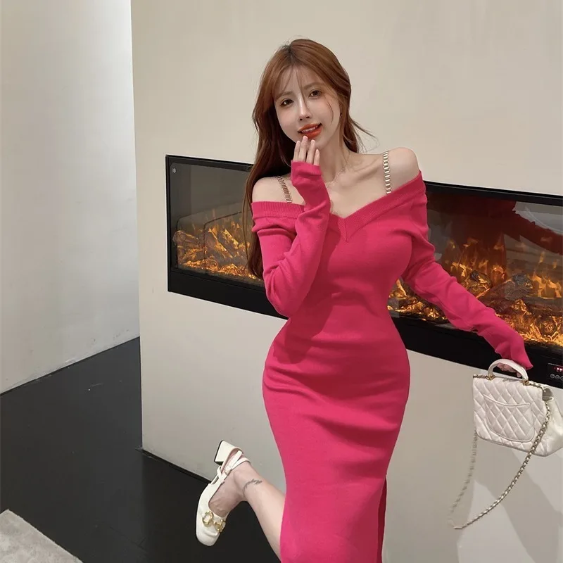 ภาษาฝรั่งเศสคําเซ็กซี่ Strapless คอชุดฤดูใบไม้ร่วงและฤดูหนาวผู้หญิงถักชุดคุณภาพสูงการออกแบบที่ไม่ซ้ํากัน Slim Temperament ชุด