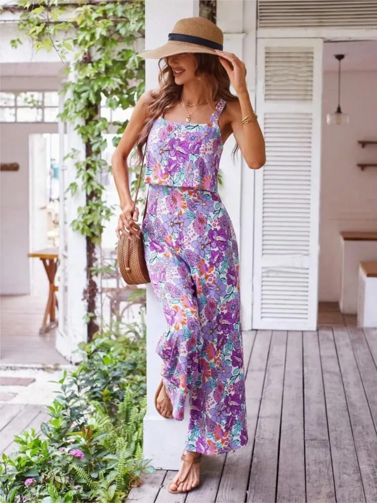 2024 Summer Elegant Long Jumpsuit Women Sexy Backless Wide Leg Casual Sleeveless Floral Rompers Summer Clothes Jumpsuits