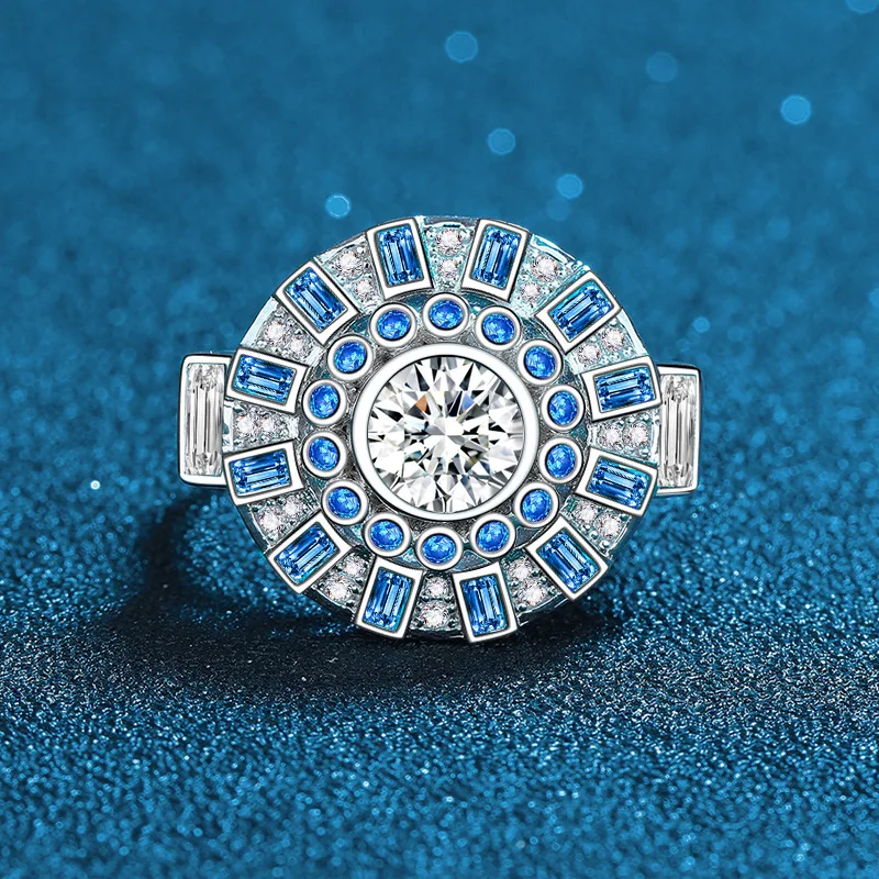 

Luxury Solid Platinum PT950 Women's Opening Adjustable Blue and White Moissanite Diamond Ring
