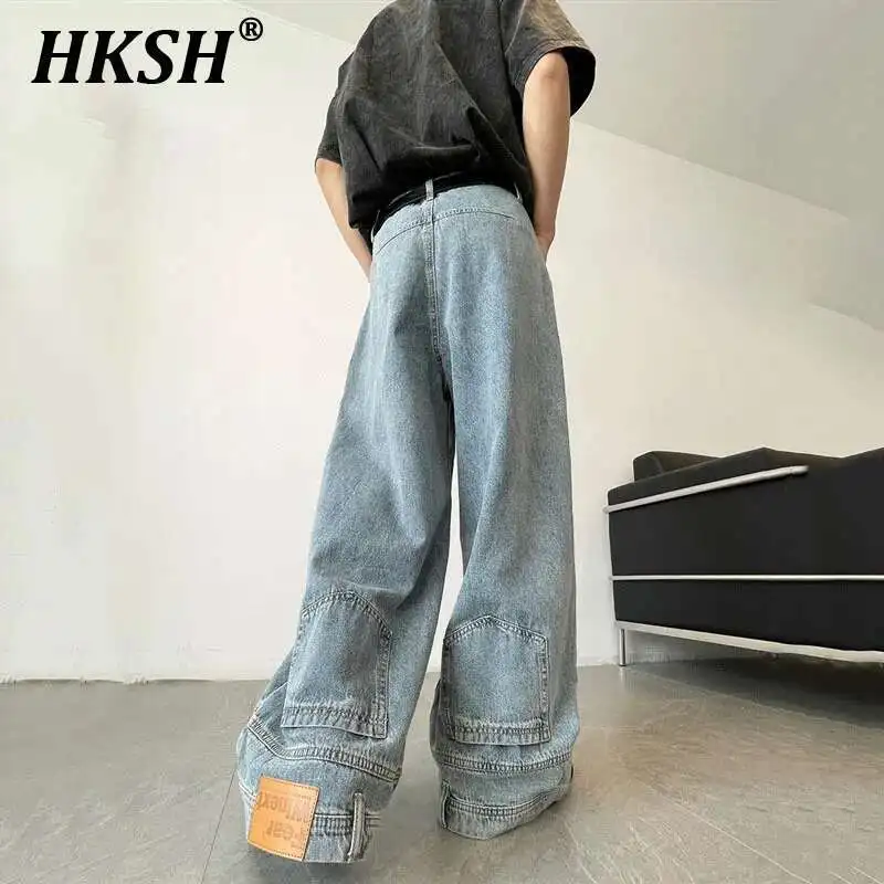 

HKSH Autumn New American Vintage Reverse Pockets Flip Jeans Men's Tide Punk Versatile High-end Washed Wide Leg Denim Pants H2563