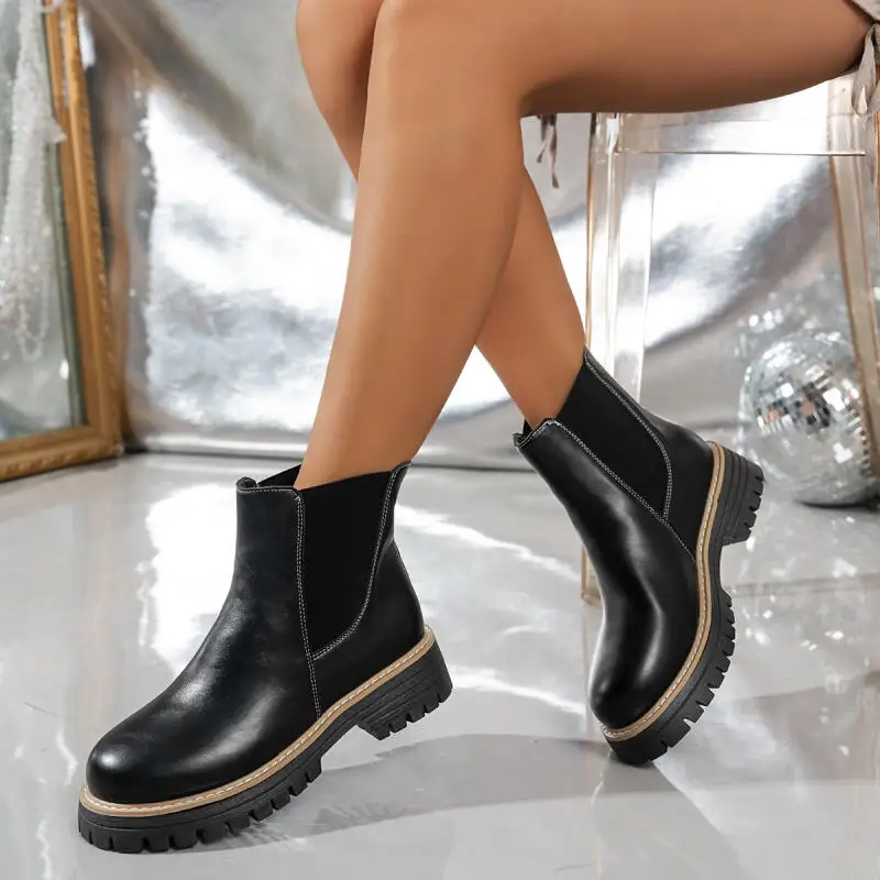 Vintage Thick Bottom Chelsea Boots Women Winter 2026 On Sale Plus Size 43 Rear Zip Ankle Boots Black Short Booties for Women
