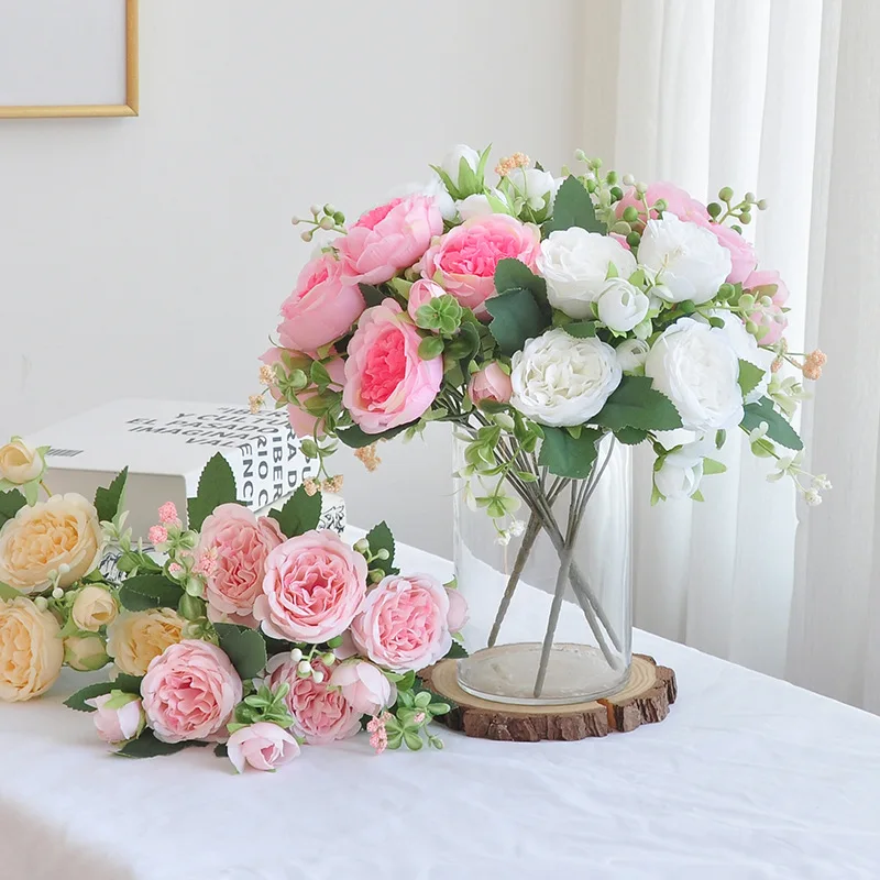 

4PCS Artificial Flowers Fake Silk White Peonies Home Room Vase Decoration Christmas Wreath Wedding Bouquet Party Accessories