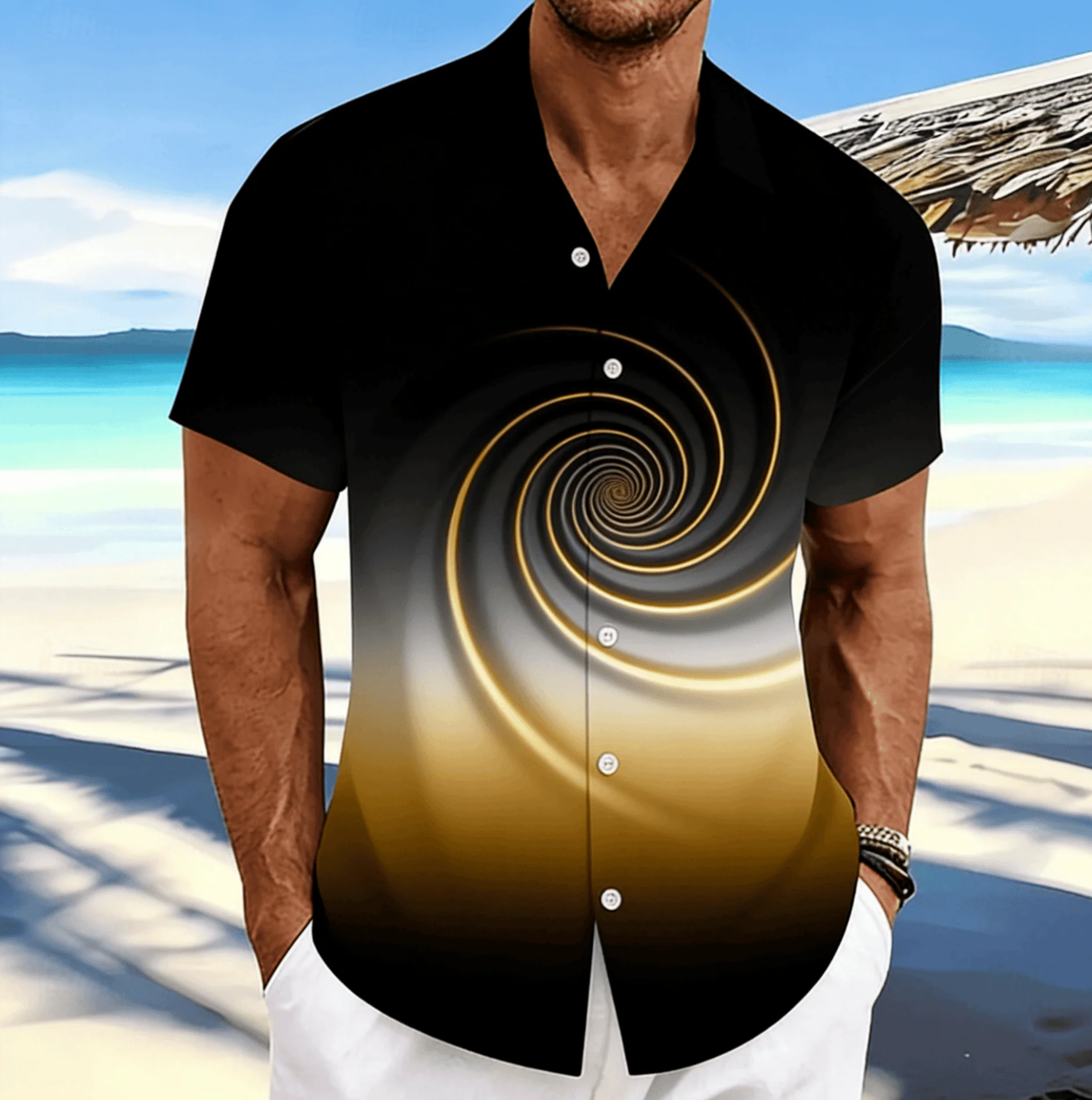 2026Men's Black Gold Luxury Short Sleeve Shirt, Spring Summer Business Vacation Casual Blouse, Loose Casual Top