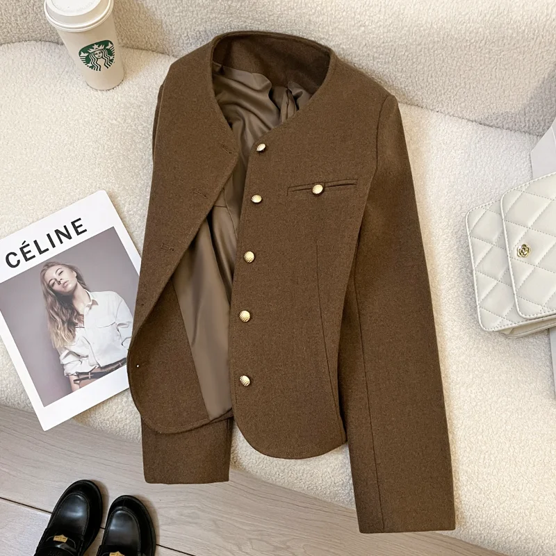 

Brown Vintage Wine Woolen Small Fragrance Suit Jacket Women's Winter High Quality French Basic Office Lady Elegant Coat