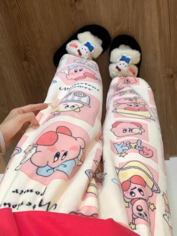 Anime Kirby Pajamas Cute Flannel Trousers Cartoon Women Soft Casual Home Pants Kawaii Warm Comfortable Nightshirt Pants Gift