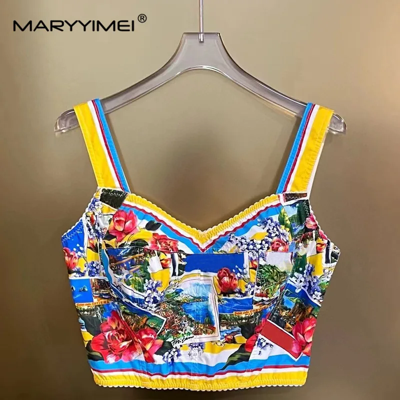 MARYYIMEI Summer Beach Vacation Women\'s Suit Spaghetti Strap Backless Tops+Pleated Skirt Print Cotton 2 Piece Set