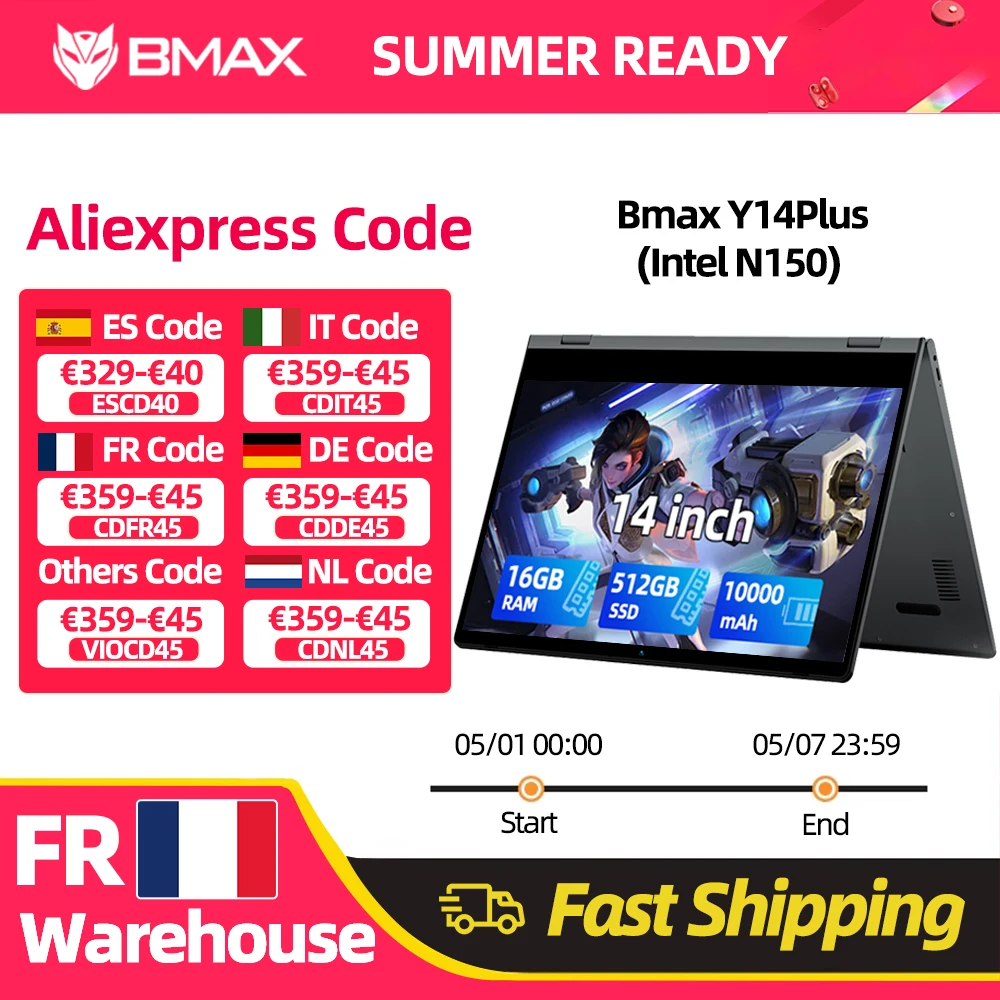 Ordinateur portable BMAX Y14 Plus 14'' IPS FHD, Windows 11, batterie 10000mAh, 16 Go de RAM, 512 Go SSD, processeur Intel N150, clavier numérique USB Type-C, Wifi, USB