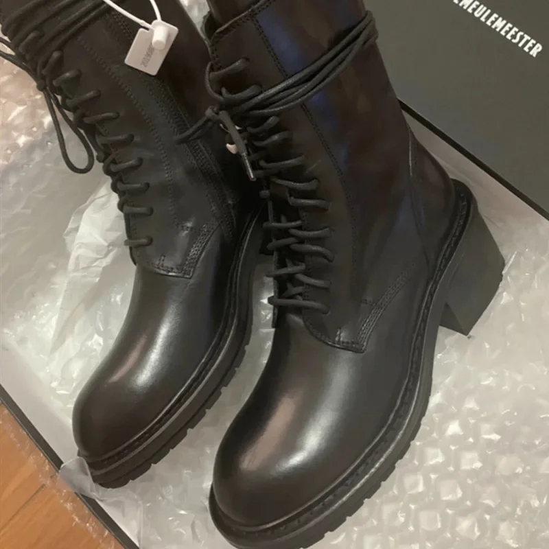 Scarpe da donna in pelle nera Stivali a metà polpaccio con cerniera laterale Stivali con cinturino a testa tonda Botas Mujer Plus Tacchi quadrati in velluto Sapatos Feminino