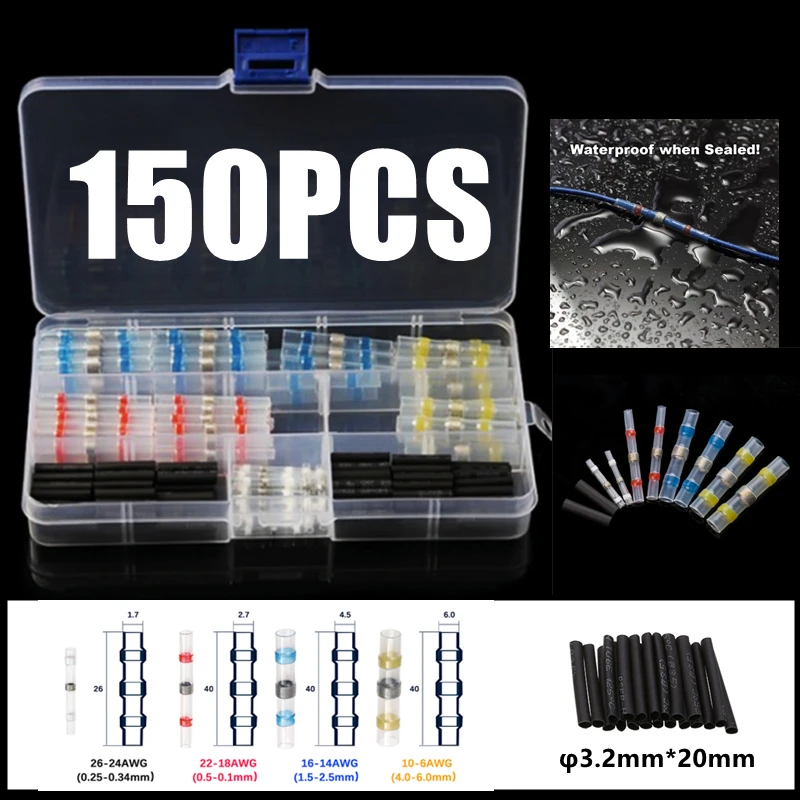 150Pcs Insulated Solder Butt Connectors Heat Shrink Tubing Waterproof Electrical Cable Wire Crimp Terminals Assorted Kit